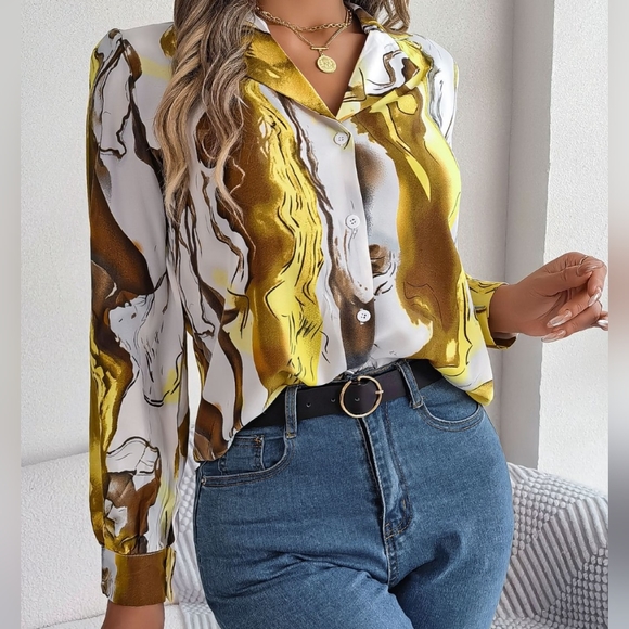 Marbleized Charm Button Up Blouse - Yellow - Picture 2 of 4
